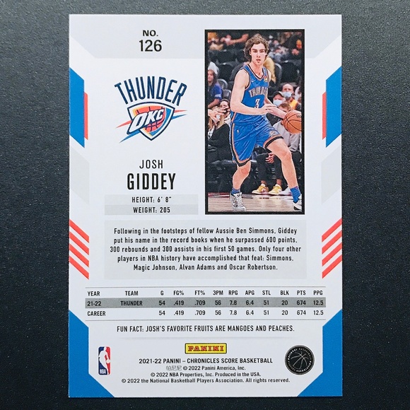 Josh Giddey RC - 2021-22 Panini Chronicles Score #126 - Picture 2 of 2